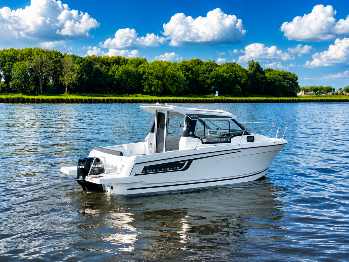 Jeanneau Merry Fisher 695 Serie 2. Deze prachtige boot is aanwezig op de Suzuki stand van hiswa te water 2026.